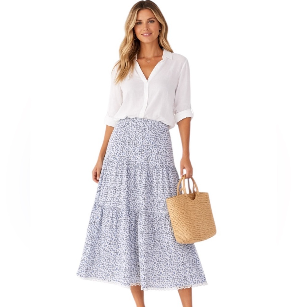 NWT Aiyana Cotton Blue Floral Midi Skirt Lace Trim Boho Cottagecore Size 2